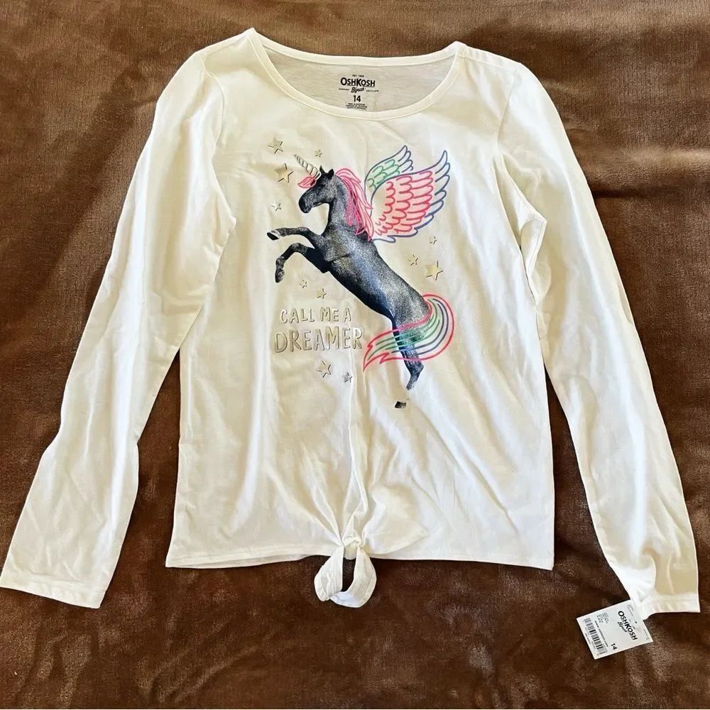 OshKosh B'gosh Girls White Long Sleeve with Colorful Unicorn and Knot NWT 14